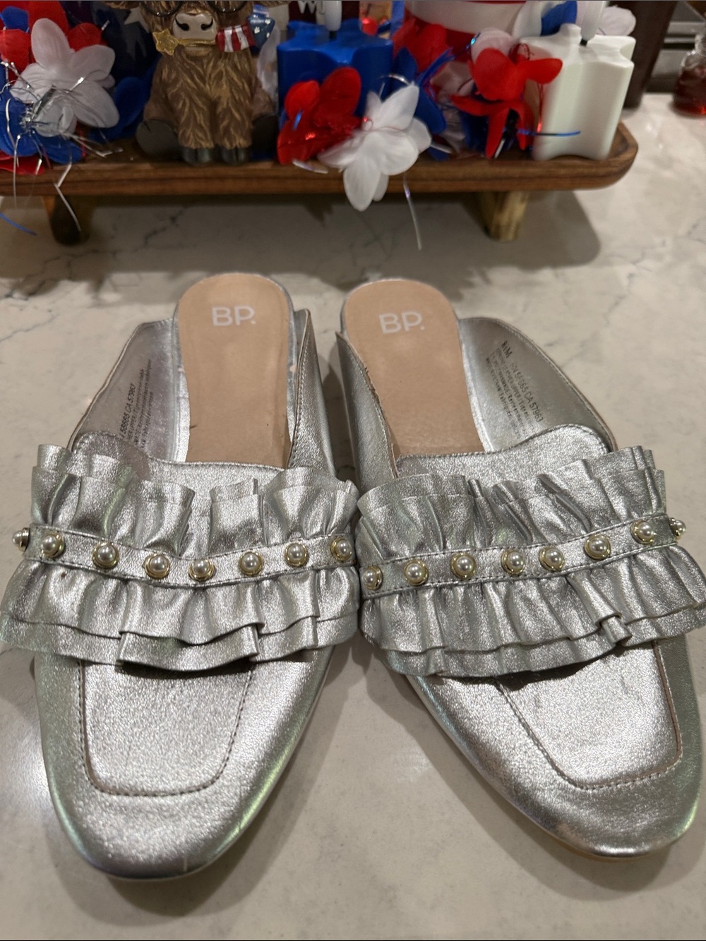 bp Silver Ruffled Pearl-Trim Slip-On Mules